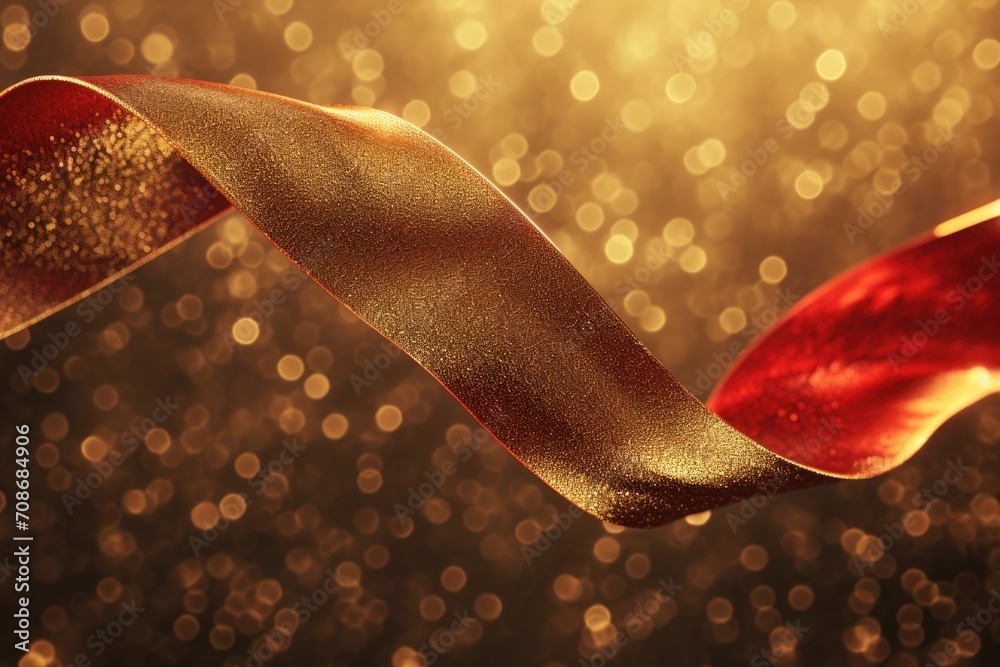 Poster A vibrant red and gold ribbon elegantly displayed on a shimmering gold background. Ideal for adding a touch of luxury and sophistication to any design project