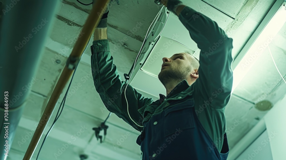 Aufkleber A man is seen fixing a ceiling light in a building. This image can be used to illustrate electrical repairs or maintenance work in commercial or residential spaces