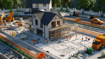 3D individuals are actively engaged in building a house according to a detailed blueprint on a white sheet construction process