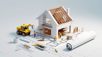 3D individuals are actively engaged in building a house according to a detailed blueprint on a white sheet construction process