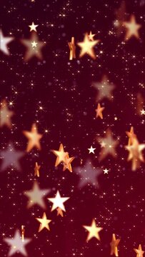 Vertical video - shiny golden stars and glittering gold star particles on an elegant red gradient background. This luxury glitzy animation is suitable as an awards ceremony or talent show background.