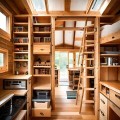 Obraz premium Clever storage solutions in an organized timber frame tiny house interior