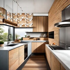 Compact and functional kitchen with Japan sea wallpaper and organic wood details