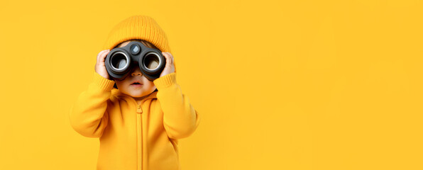 A cheerful baby looks through binoculars on a yellow background. Banner, copyspace