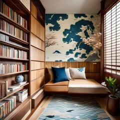 Comfortable reading nook with Japan sea wallpaper and organic wood accents