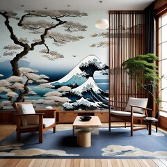 Inviting living room with a Japan sea wallpaper feature wall and cozy wooden furniture