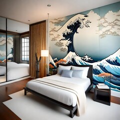 Inviting bedroom with an accent wall featuring a tranquil Japan sea wallpaper