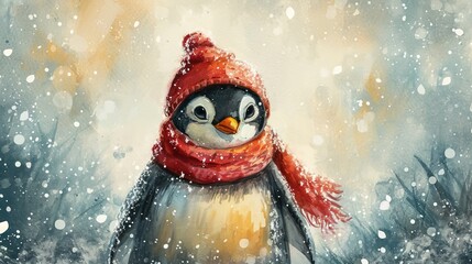 Minimalism and abstract cartoon cute charming penguin happy. Boho style, vintage watercolor winter's tale.
