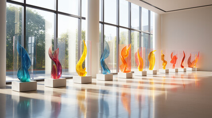 colorful glass statues arranged in a row against the  of a window