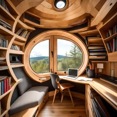 A practical and stylish study nook under a round window in a timber frame tiny house