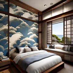Elegant bedroom design with a calming Japan sea wallpaper and organic wood accents