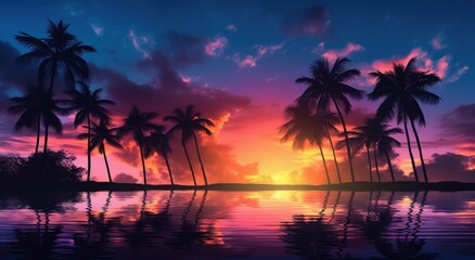 Fototapeta na wymiar Tropical sunset or sunrise with silhouettes of palm trees 