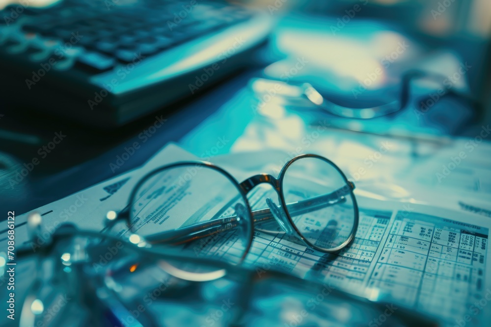 Poster a pair of glasses sitting on top of a desk. ideal for office or workspace concepts