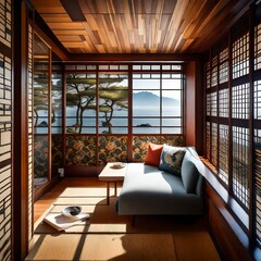 Cozy reading nook surrounded by Japan sea wallpaper and warm wooden textures