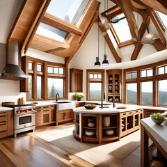 Fototapeta premium Well-lit kitchen corner with timber frame accents and round windows