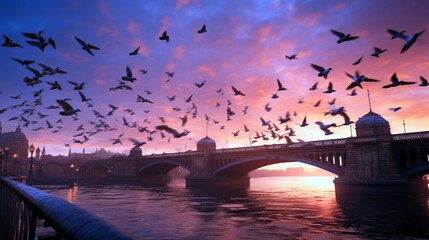 Against the backdrop of a historic bridge, a flock of pigeons takes flight, their synchronized movement resembling a graceful ballet in the evening sky.