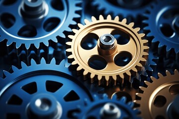 gold and blue gears and cogs