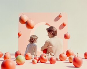 Fototapeta na wymiar Father and child in a stylized apple setting, concept of abundance and shared moments