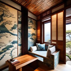 Comfortable reading nook with Japan sea wallpaper and organic wood accents