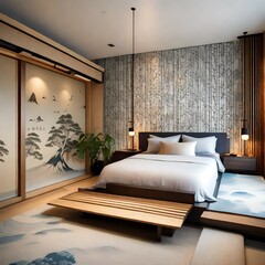 Serene bedroom retreat with Japan sea wallpaper and natural wood accents