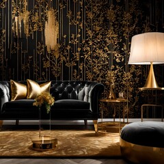 A living room with a black and gold wallpaper, featuring a plush couch adorned with a shimmering gold pillow.
