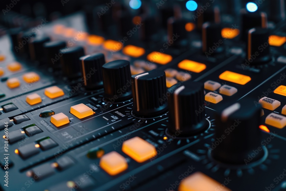 Poster a detailed view of a sound board with orange knobs. ideal for music production or sound engineering 