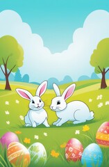 Eggs hunt. Two rabbits hunting Easter eggs on spring field. Holiday illustration of cute cartoon bunnies playing on spring meadow, light green grass, blue sky background