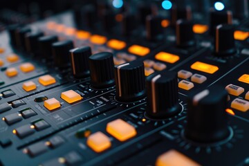 A detailed view of a sound board with orange knobs. Ideal for music production or sound engineering...