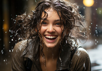 Portrait of beautiful woman under heavy rain. Rainy weather. AI generated