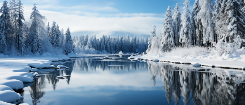 Sunny, wintry day at a frozen lake in a secluded park, with the wilderness reflected on the icy surface.