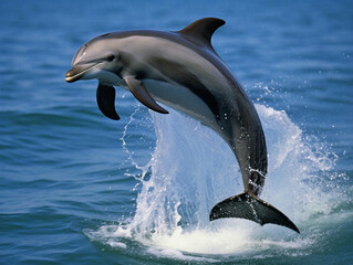 Two energetic dolphins joyfully leap out of the waves, showcasing their synchronized acrobatic abilities.