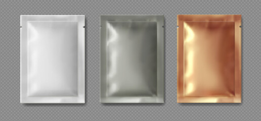 Blank sachet packaging for food, cosmetic.. White, silver, gold package for medical wipe mockup. Vector illustration realistic - 708687794