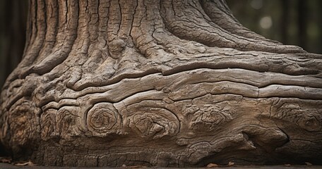 Fototapeta na wymiar Focus on the weathered bark and intricate patterns of a solitary tree trunk, showcasing the passage of time and the resilience embedded in the wrinkles and crevices. - Generative AI