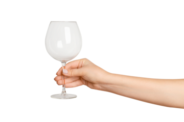 female hand holding an empty glass on an empty background.