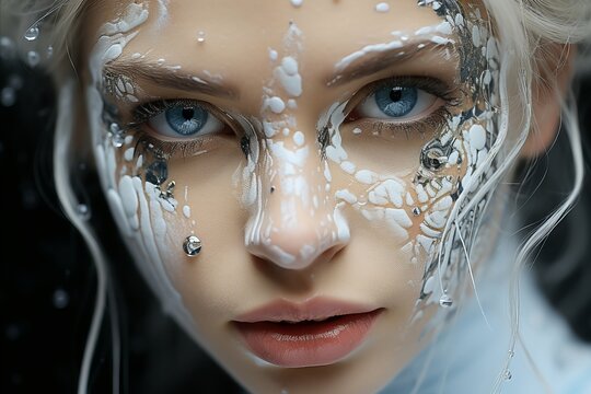 Close-up portrait of a beautiful girl covered with white paint