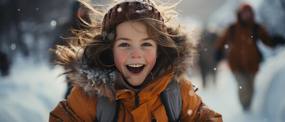 Portrait of a cheerful, little girl dressed in a warm winter coat and hat, laughing amidst a snowfall.