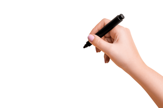 Female hand holding a black marker and about to write on a blank background
