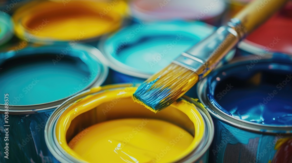 Poster a close up view of a paint can with a brush. this image can be used to depict painting, home improve