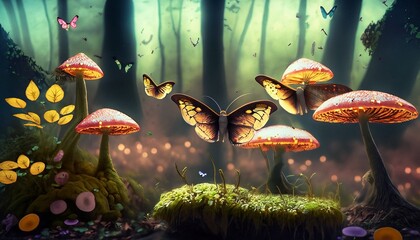 magical forest with butterflies and toadstools 