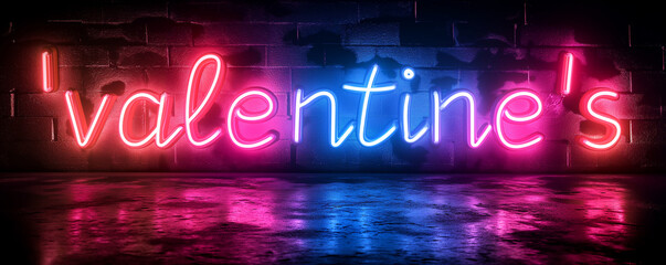 Neon sign text of Valentine's on a dark brick wall background