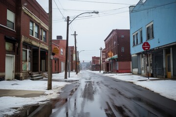 A wet, snowy street in a deserted urban area with old buildings lining the road under an overcast sky