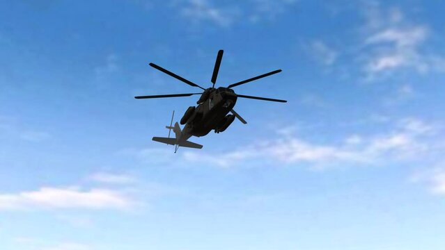 Helicopters Realistic 3D flying on the blue clear sky with low angle view animation, copter helicopter entering and outing render