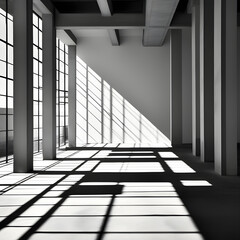 black and white photo of minimal empty hall with windows