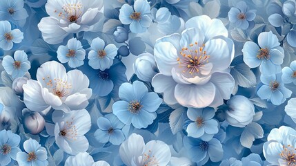 Blue floral pattern with delicate blossoms, ideal for creating an elegant and feminine background for design projects. [Floral blue background for the designer's work]