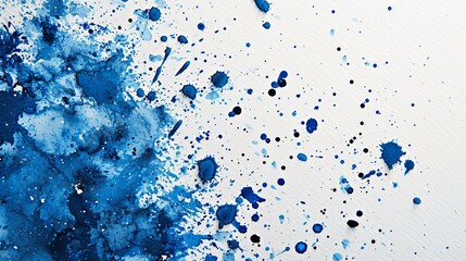 Blue ink splatters on a white canvas, providing an artistic and expressive background for creative designs. [Ink splatters blue background for the designer's work]