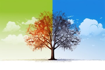 a tree with four colors showing four seasons with copy space