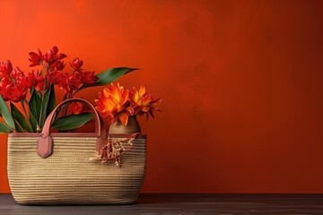 Accessories on Chinese New Year vacation. Wood basket and flower on rustic brown red backdrop at desk with copy space
