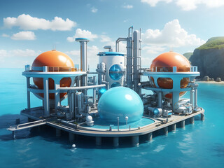 Futuristic building with large spheres and pipes on a small island in the sea. Hydrogen manufacturing using ocean water electrolysis concept 3d Render.