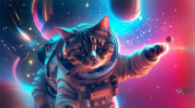 Cat wearing space suit pattern flying in outer space, magical realism, neon colors, looping