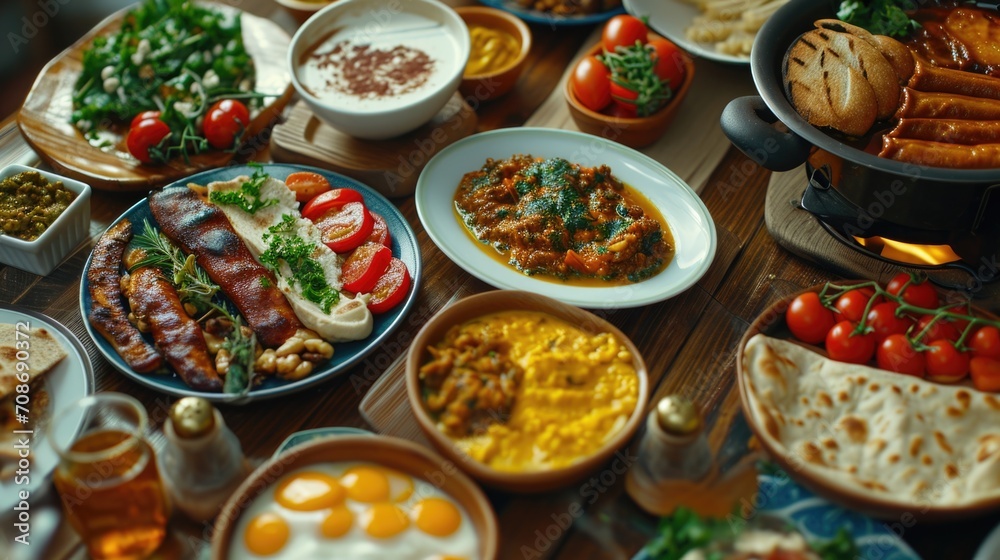 Poster a table filled with a variety of different types of food. suitable for various culinary or food-rela